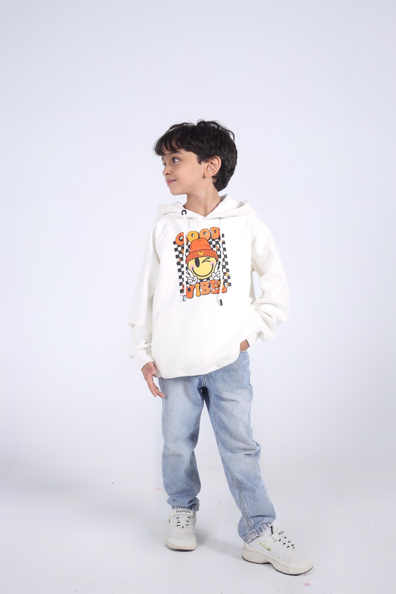 Kids' "Good Vibes" Smiley Face Hoodie (Off-White)