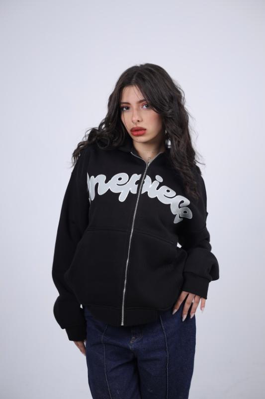 "OnePiece" Split Logo Zip-Up Hoodie - Black