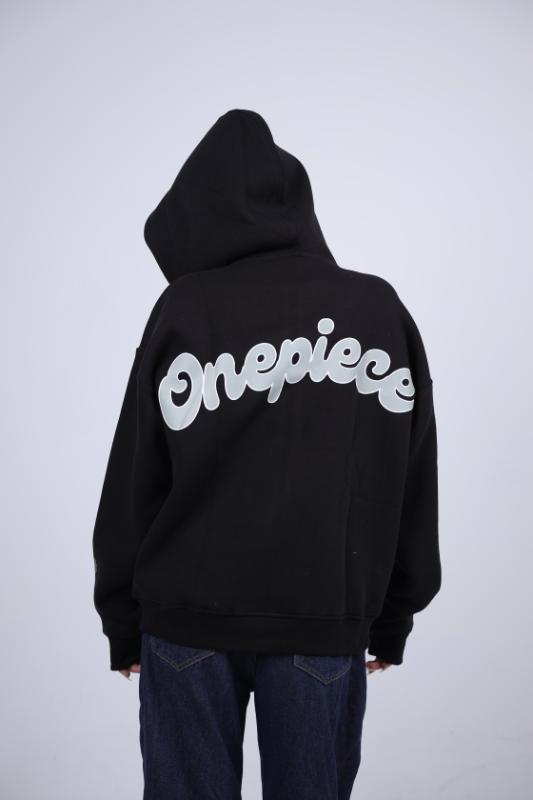 "OnePiece" Split Logo Zip-Up Hoodie - Black