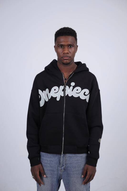 "OnePiece" Split Logo Zip-Up Hoodie - Black
