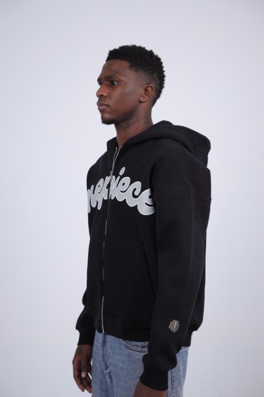 "OnePiece" Split Logo Zip-Up Hoodie - Black