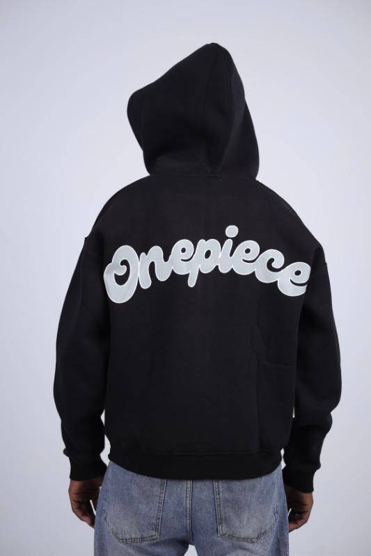 "OnePiece" Split Logo Zip-Up Hoodie - Black