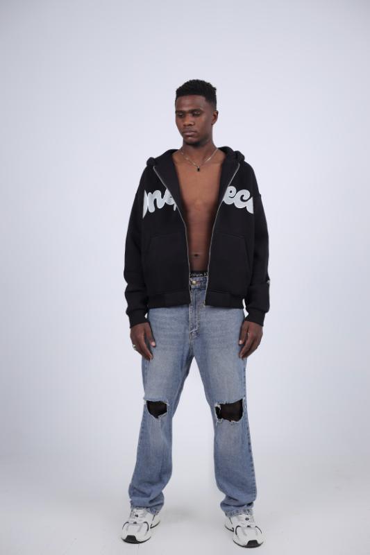 "OnePiece" Split Logo Zip-Up Hoodie - Black