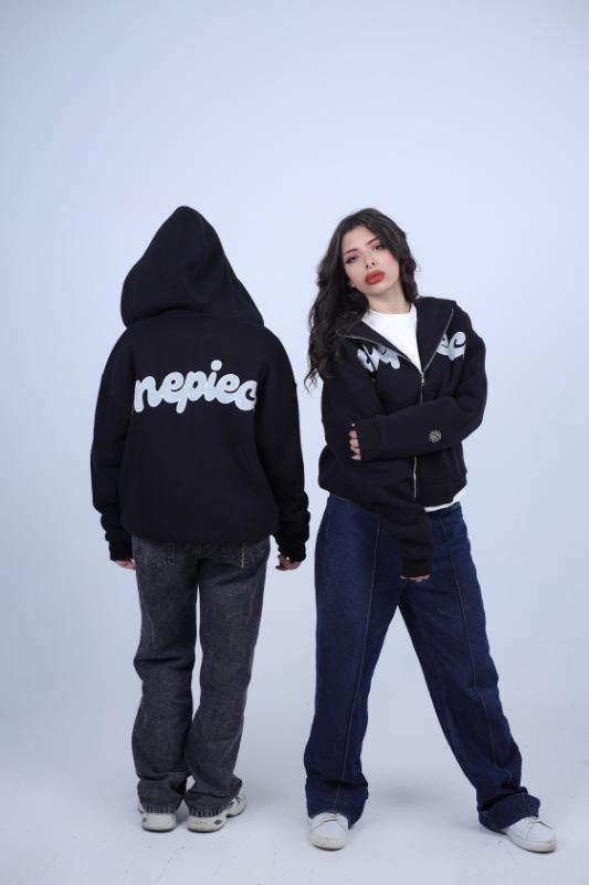 "OnePiece" Split Logo Zip-Up Hoodie - Black