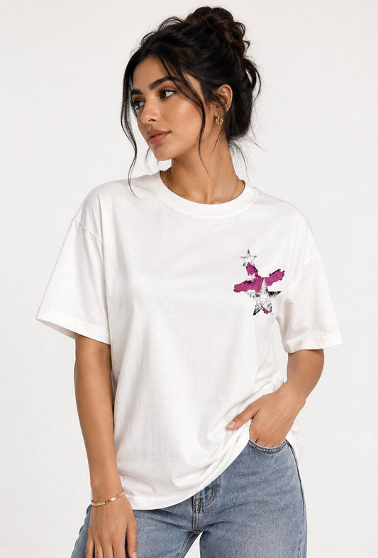 "One Piece" Grunge Star Oversized Graphic Tee - White