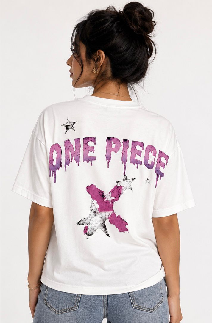 "One Piece" Grunge Star Oversized Graphic Tee - White