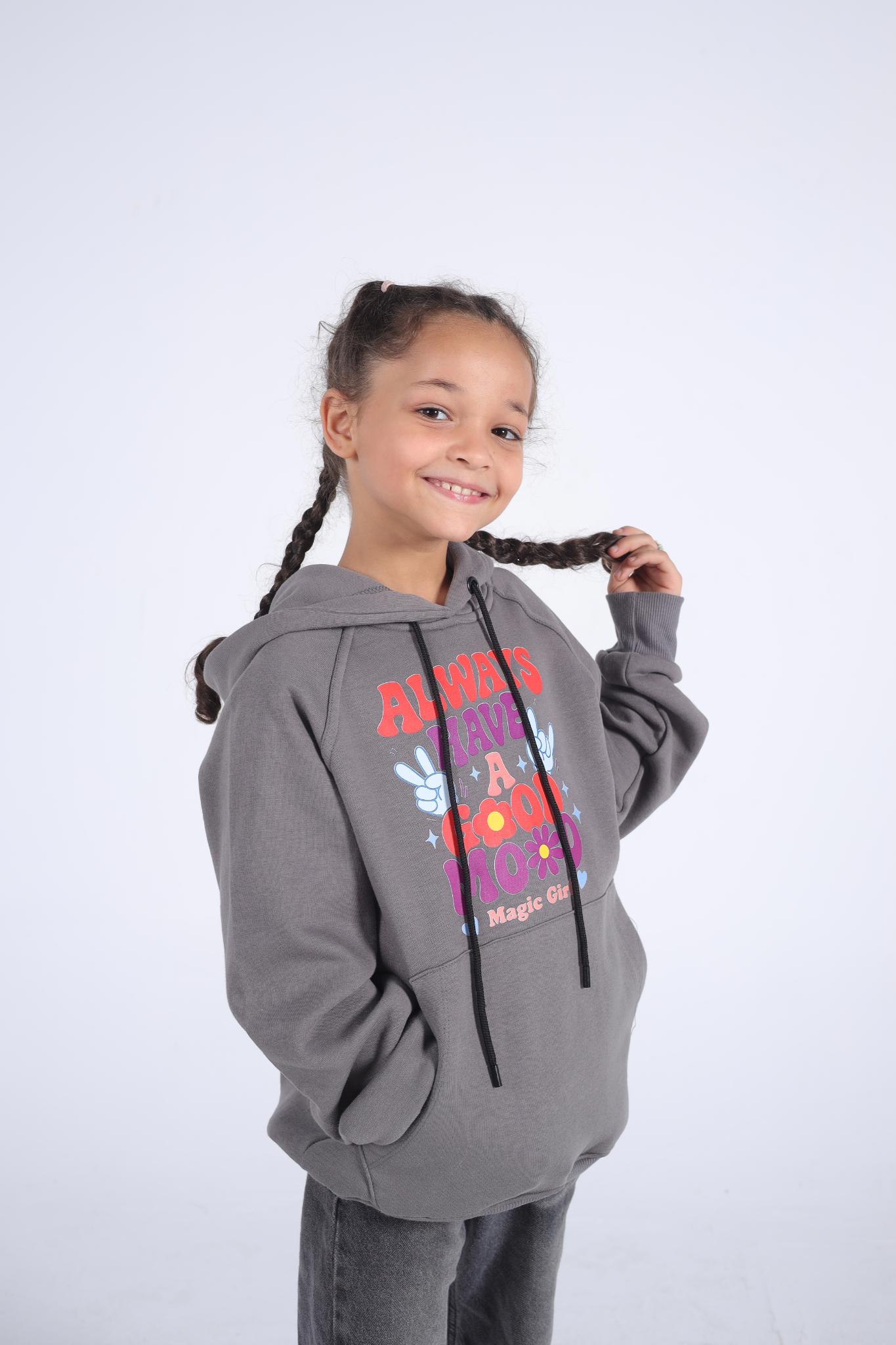 Kids' "Always a Good Mood Magic Girl" Hoodie (Charcoal Grey)