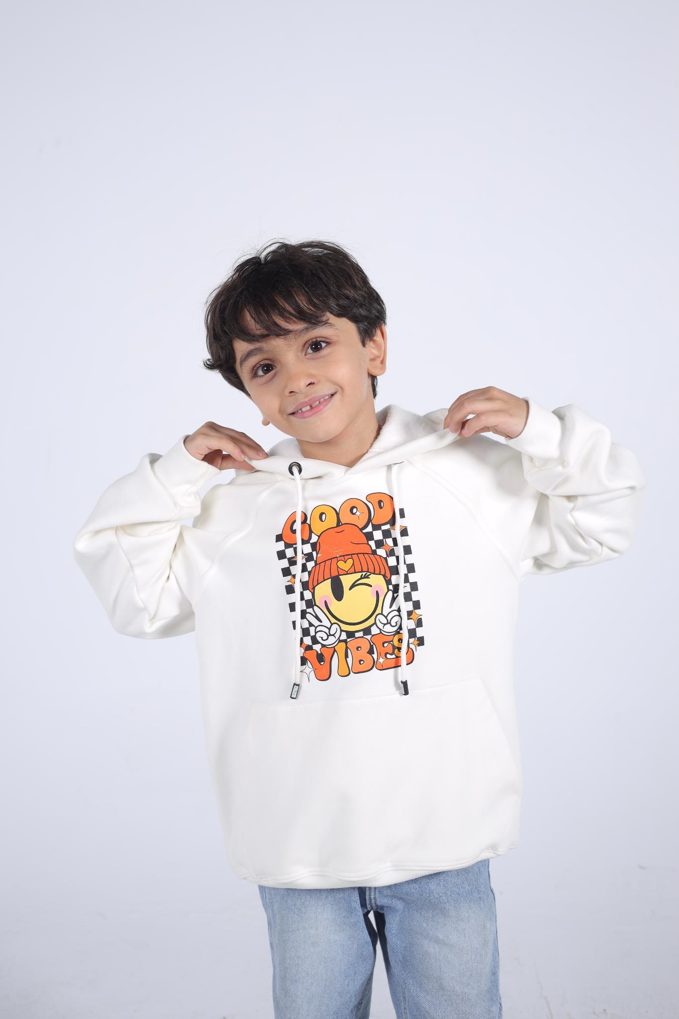 Kids' "Good Vibes" Smiley Face Hoodie (Off-White)