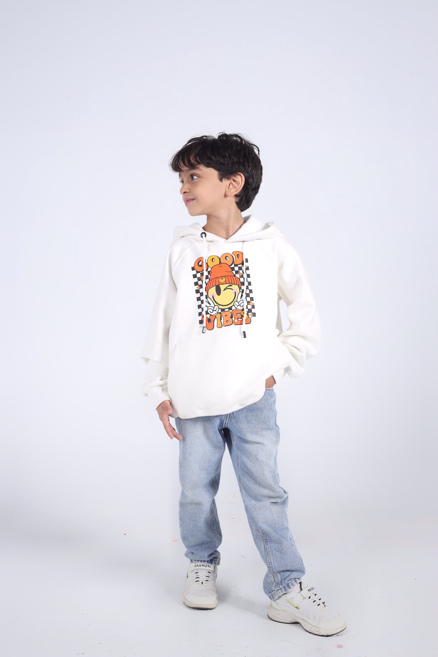 Kids' "Good Vibes" Smiley Face Hoodie (Off-White)